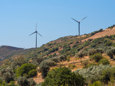 Wind turbines in the mountains, Costa Brava, Catalonia, Spain