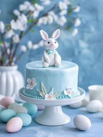 Easter cake with white bunny and blue eggs on blue background.の素材