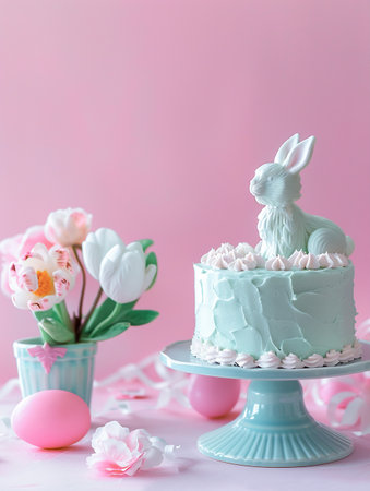 Easter cake with rabbit and tulips on pastel pink backgroundの素材