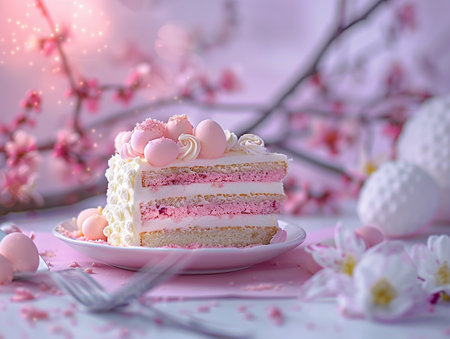 Easter illustration with rabbits, eggs and a cake in pastel colorsの素材