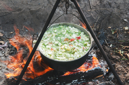 vegetables prepared in a cauldron over a fire on the natureの写真素材
