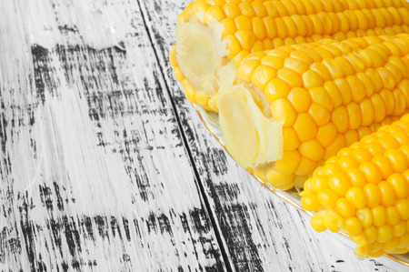 Tasty yellow corn on a plate on a white wooden backgroundの写真素材