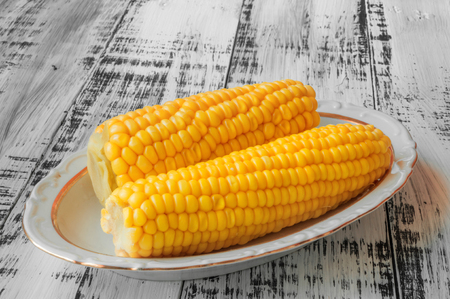 Two delicious yellow corn on a plate on a white wooden backgroundの写真素材