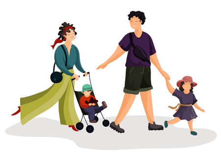 The family is walking with the children. Mom with a stroller, dad leads her daughter by the hand. A happy family.のイラスト素材