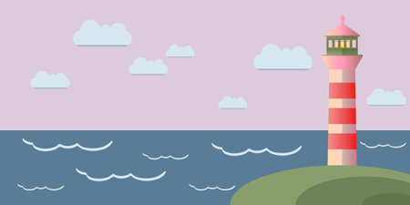 Sea striped lighthouse illustration. Storm cloudy weather landscapeのイラスト素材