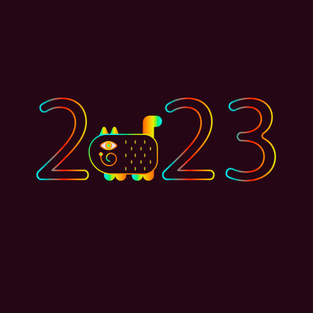 2023 year vector black varicolored cat cartoon illustration Style 70sのイラスト素材