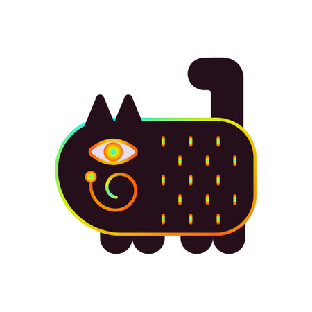 Black psychedelic cat with rainbow stroke vintage fifty vector illustration. Bright colored elements. Folk style multicolored cat. Isolated doodle on a white background. decorative animal.のイラスト素材