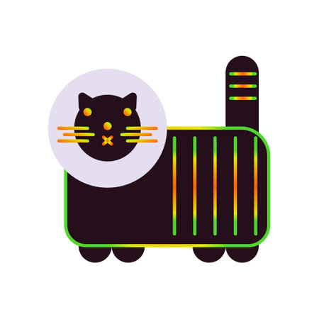 Black psychedelic cat with rainbow stroke vintage fifty vector illustration. Bright colored elements. Folk style multicolored cat. Isolated doodle on a white background. decorative animal.のイラスト素材
