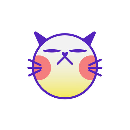 Cat smile emoticon emoji multicolored gradient funny line vector illustration. The head of a cat with a mustache. Bright colored elements animal. Isolated doodle on a white background.のイラスト素材