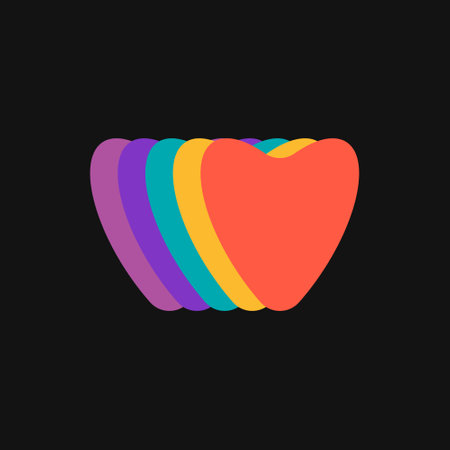 Psychedelic vector rainbow colored hearts on black background. 1970 groovy style design element. Abstract shape decor: red, yellow, green, purple.のイラスト素材