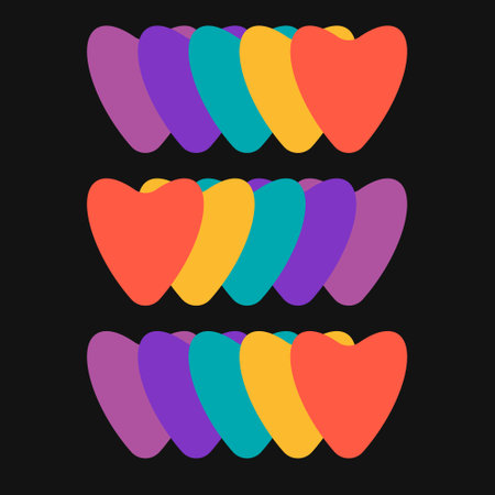 Psychedelic vector rainbow colored hearts on black background. 1970 groovy style design element. Abstract shape decor: red, yellow, green, purple.のイラスト素材