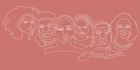 Black history month line art vector illustration. Afro people outline silhouette isolated. African American Canadian citizen community. Afro man, woman, child face continuous line drawing.のイラスト素材