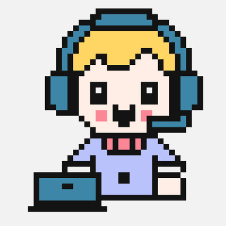 Pixel style help center male operator with laptop. Technical support.のイラスト素材