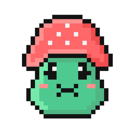 Pixel style fly agaric mushroom illustration. Cartoon green nauseated face. Emoji represent physical illness, disgust, sick, vomit. Pixelated vintage nostalgic 8 bit design. 90s retro video game.のイラスト素材