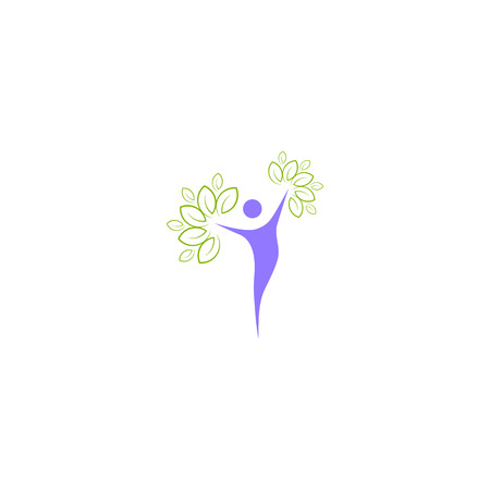 Happy fun people with green leaves, healthy life logo, icon designのイラスト素材