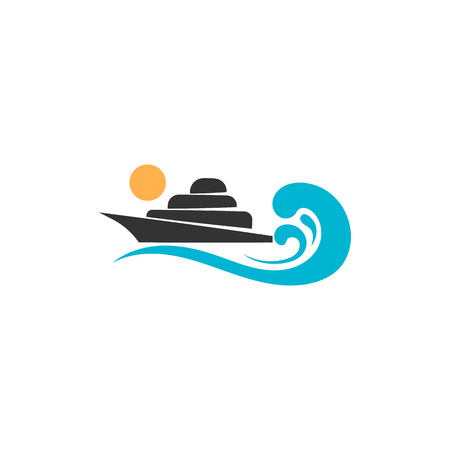 Yacht logo vector illustration with water wave on the background, travel agency conceptのイラスト素材