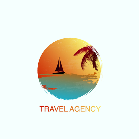Yacht logo vector illustration with  sea and palm leaves  at sunset, travel agency conceptのイラスト素材