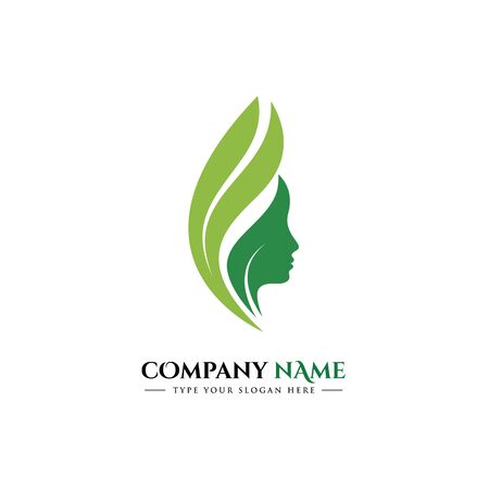 Beautiful woman's face logo design template. Hair, girl, leaf symbol. Abstract design concept for beauty salon, massage, magazine, cosmetic and spa. Premium vector iconのイラスト素材