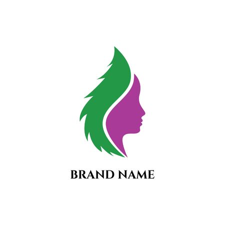Beautiful woman's profile face in purple and green flower leaves. Vector logo design template. Abstract design concept for beauty salon, massage, cosmetic and spa.のイラスト素材