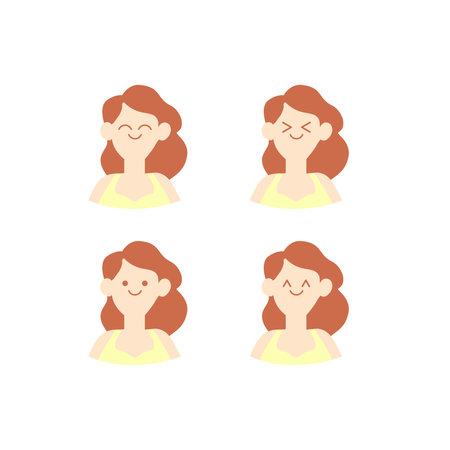 set of woman in yellow outfit with happy face expression cartoon vectorのイラスト素材