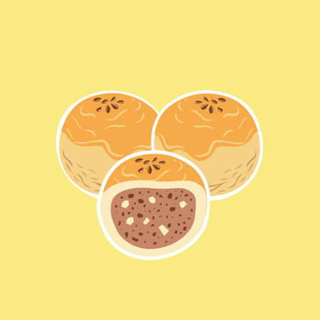 beaten moon cake illustration on subtle yellow background stock vectorのイラスト素材