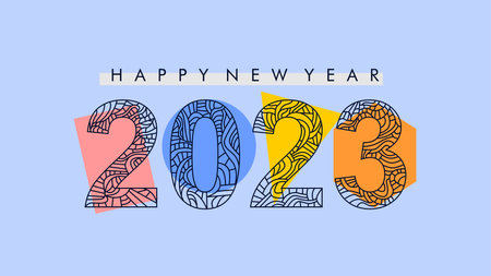 happy new year 2023 text concept with line art texture and geometric elementのイラスト素材
