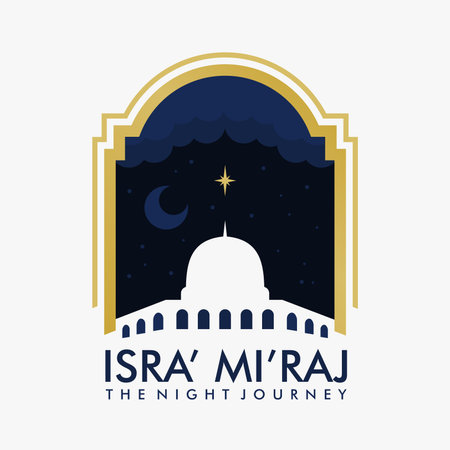 isra miraj banner with mosque and night sky ornament vector stockのイラスト素材