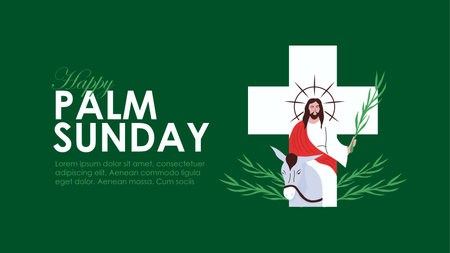 palm sunday background on green background with jesus on donkey illustration vector stockのイラスト素材