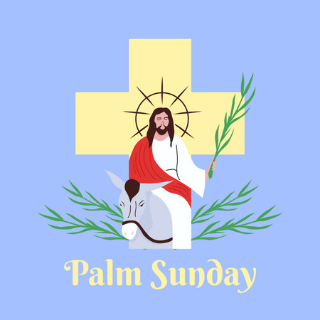 palm sunday background on blue background with jesus on donkey illustration vector stockのイラスト素材