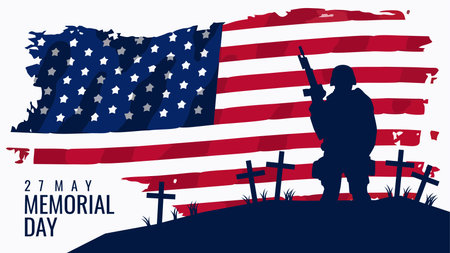 memorial day banner template with soldiers silhouette and american flag background vector stockのイラスト素材