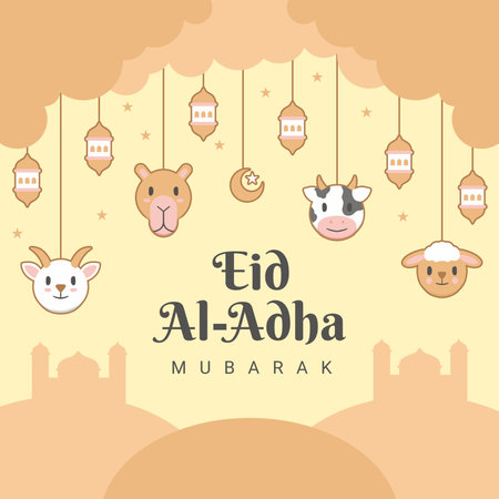 cute eid adha banner template with qorban animals illustration vector stockのイラスト素材