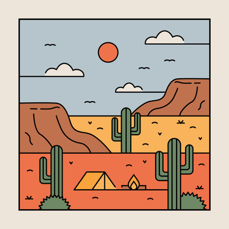 desert landscape illustration with cactus and rock mountain flat designのイラスト素材