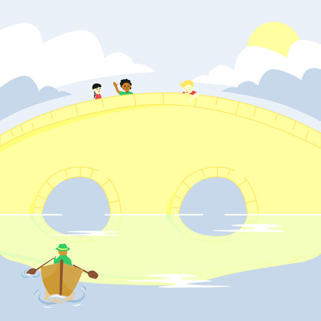 kids waving to the man on boat while they pass bridge illustration flat designのイラスト素材