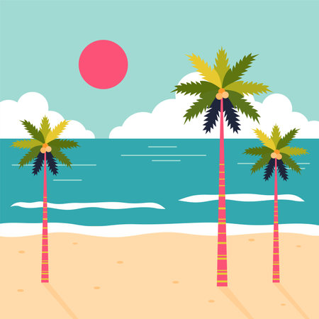 vector beach illustration with coconut tree and sun flat designのイラスト素材