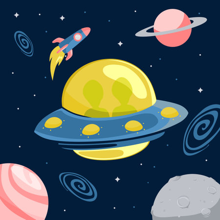 vector ufo in the space with planets illustration flat designのイラスト素材