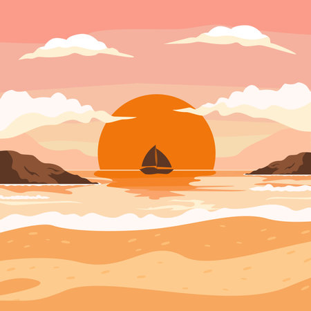 vector sunset on the beach illustration flat designのイラスト素材
