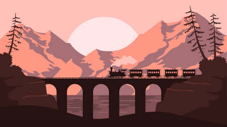 silhouette train on beautiful mountain landscape illustration flat designのイラスト素材