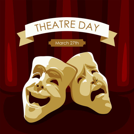 world theatre day celebration with classic comedy and tragedy masks flat designのイラスト素材