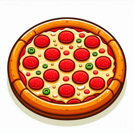Illustration of a pizza with pepperoni and olives on a white backgroundのイラスト素材