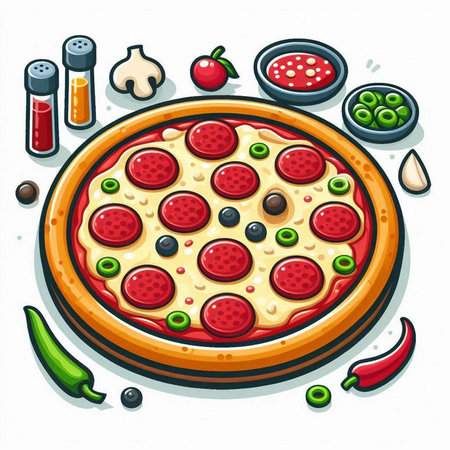 Pizza with pepperoni, olives and tomato. Vector illustration.のイラスト素材