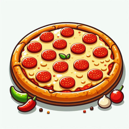 Illustration of a Pepperoni Pizza with Cherry, Pepper and Mintのイラスト素材