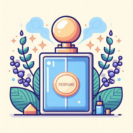 Perfume bottle with label. Vector illustration in flat style.のイラスト素材