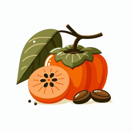 Persimmon and coffee beans isolated on white background. Vector illustration.のイラスト素材