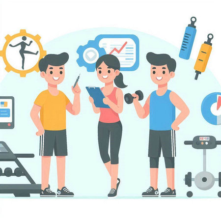 Fitness gym concept vector illustration in flat style. Cartoon man and woman training with dumbbells.のイラスト素材