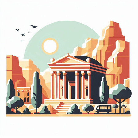 Ancient Greek temple in the city. Vector illustration in flat style.のイラスト素材