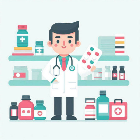 Male pharmacist standing in front of shelves full of medicines. Vector flat illustrationのイラスト素材