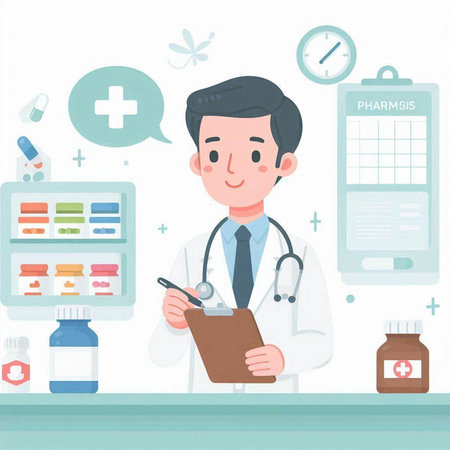 Male doctor writing on clipboard in medical office. Male character in flat style. Vector illustration.のイラスト素材
