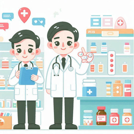 Man pharmacist and doctor in the drugstore. Vector illustration.のイラスト素材