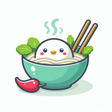 Cartoon vector illustration of a bowl of noodle soup with a cute snowman.のイラスト素材