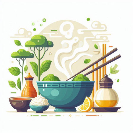 Vector illustration of japanese cuisine. Noodles, chopsticks, bowl, bowl with rice, green tea, ginger.のイラスト素材